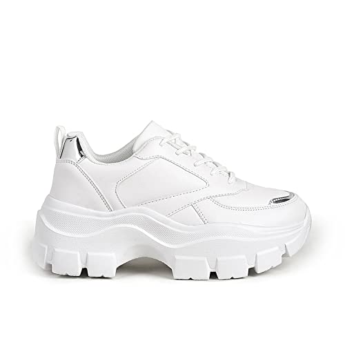 Colorblock Chunky Platform Sneakers for Women - White, Neon Green, Fuchsia, Hologram Silver